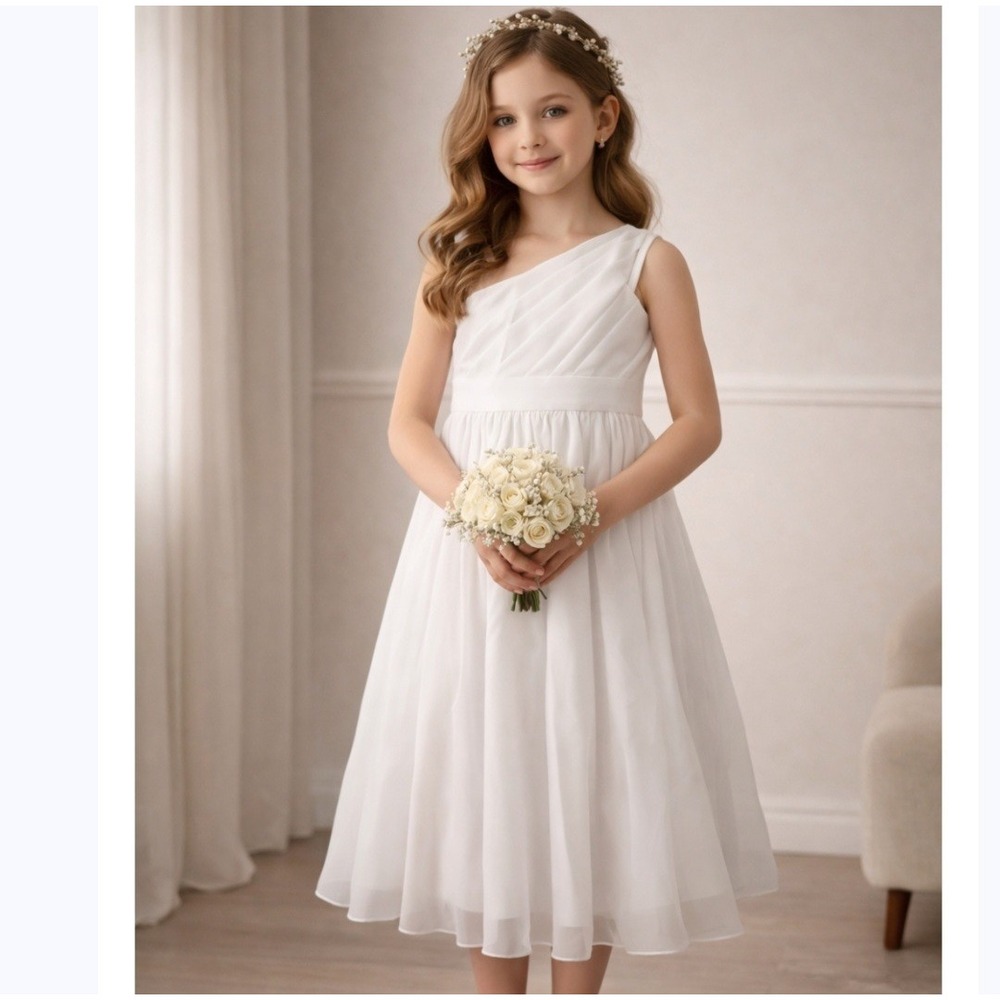 Girls White One Shoulder Chiffon Pleated Formal‎ Flower Girl Dress Size 8 New